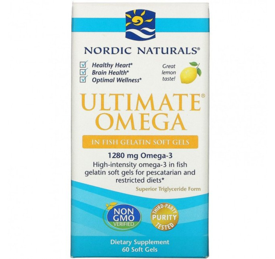 Nordic Naturals, Ultimate Omega, со вкусом лимона, 640 мг, 60 капсул, оранж.