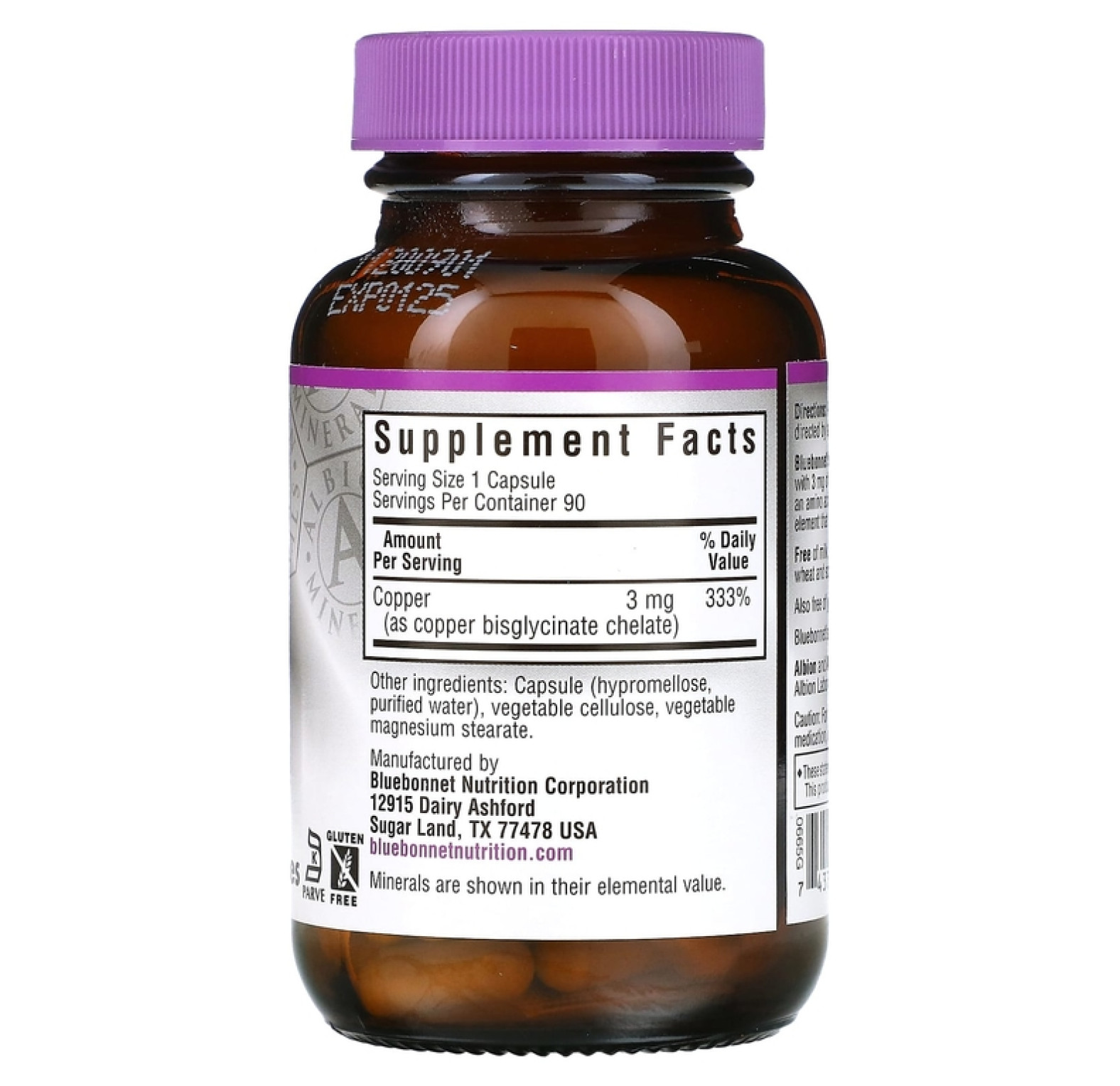 Bluebonnet Nutrition, Медь в хелатной форме, 90 растительных капсул