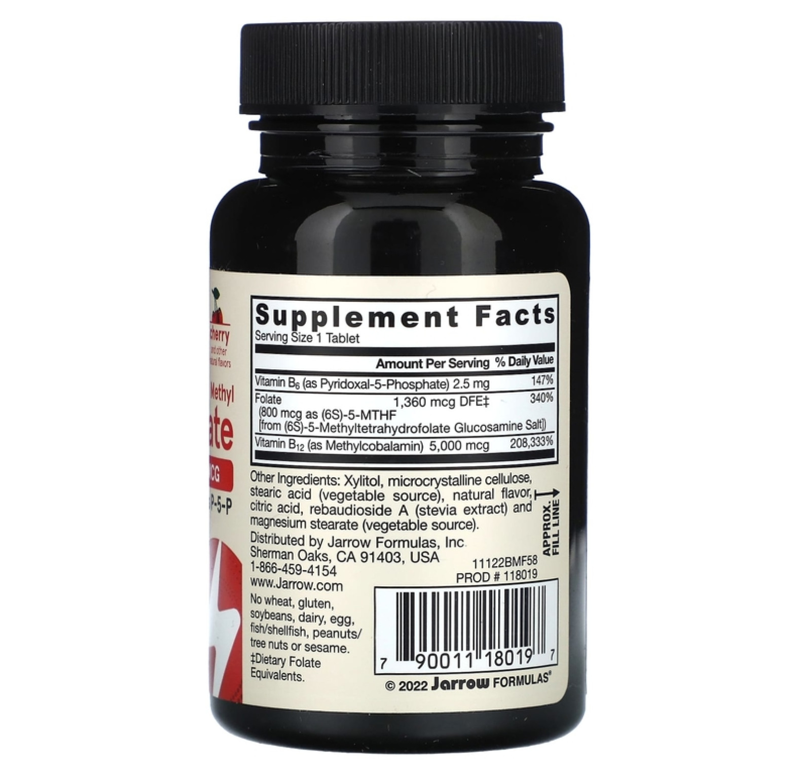 Jarrow Formulas, метил B12 и метилфолат, со вкусом вишни, 5000 мкг/800 мкг, 60 жевательных таблеток