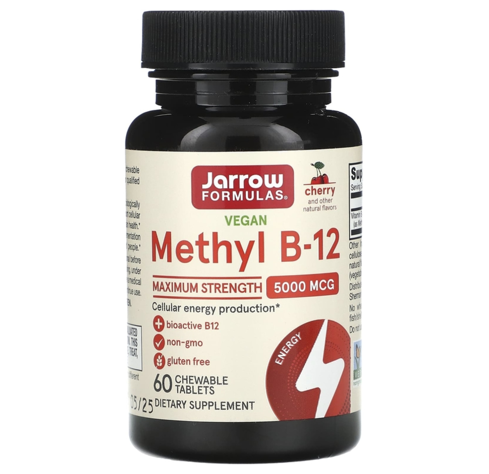 Jarrow Formulas, веганский метилкобаламин, максимальная сила действия, вишня, 5000 мкг, 60 жевательных таблеток