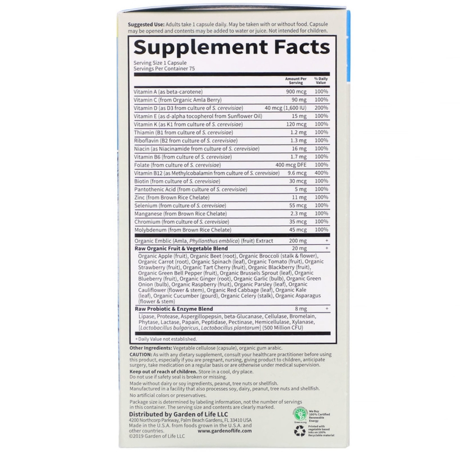 Garden of Life, Vitamin Code, RAW One, мультивитаминная добавка для мужчин, 75 вегетарианских капсул