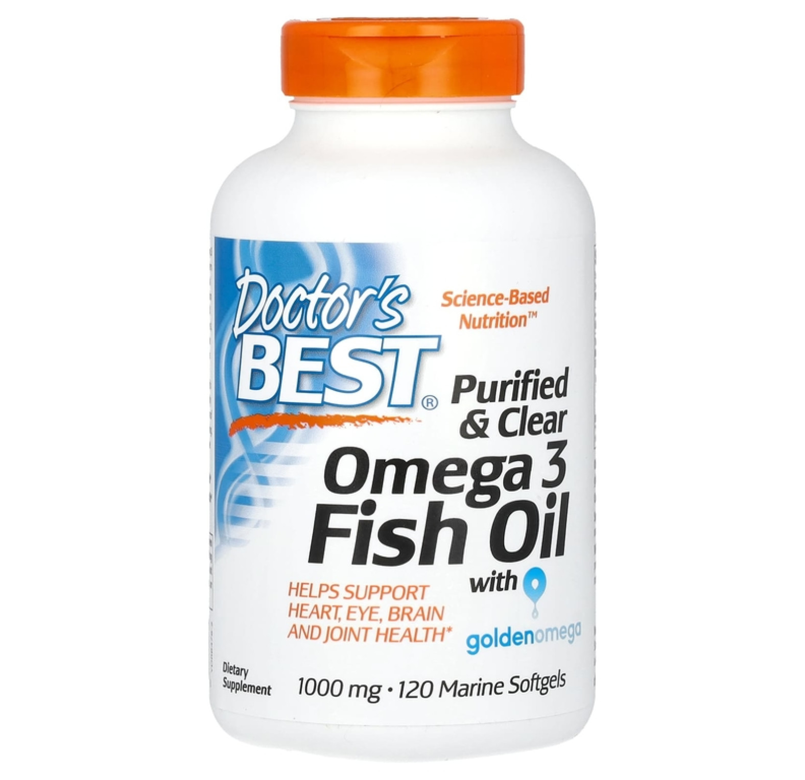 Doctor's Best, очищенный и прозрачный рыбий жир с омега-3, с добавлением Goldenomega, 1000 мг, 120 рыбно-желатиновых капсул