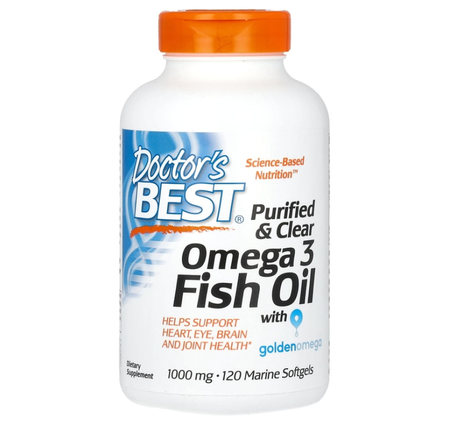 Doctor's Best, очищенный и прозрачный рыбий жир с омега-3, с добавлением Goldenomega, 1000 мг, 120 рыбно-желатиновых капсул