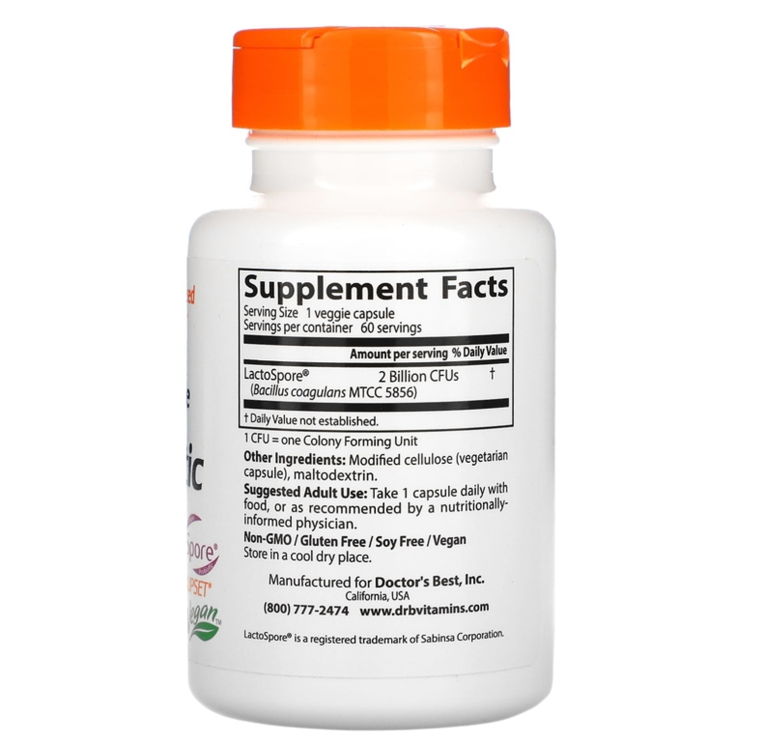 Doctor's Best, добавка для здоровья пищеварительной системы, пробиотик с LactoSpore, 2 млрд КОЕ, 60 вегетарианских капсул