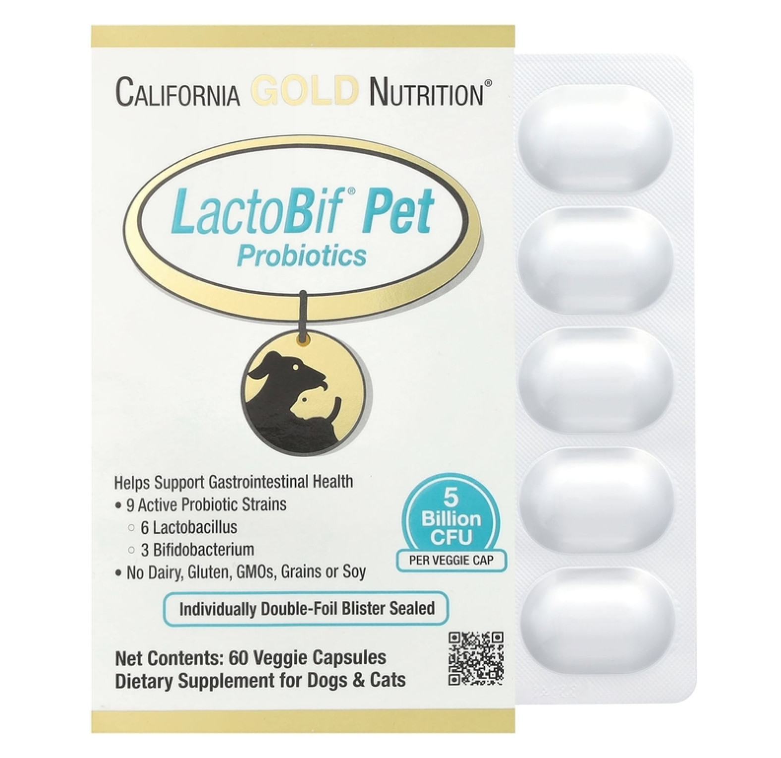California Gold Nutrition, пробиотики LactoBif Pet для животных, 5 млрд КОЕ, 60 растительных капсул