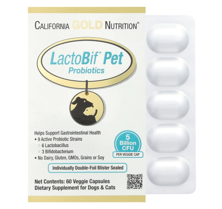 California Gold Nutrition, пробиотики LactoBif Pet для животных, 5 млрд КОЕ, 60 растительных капсул