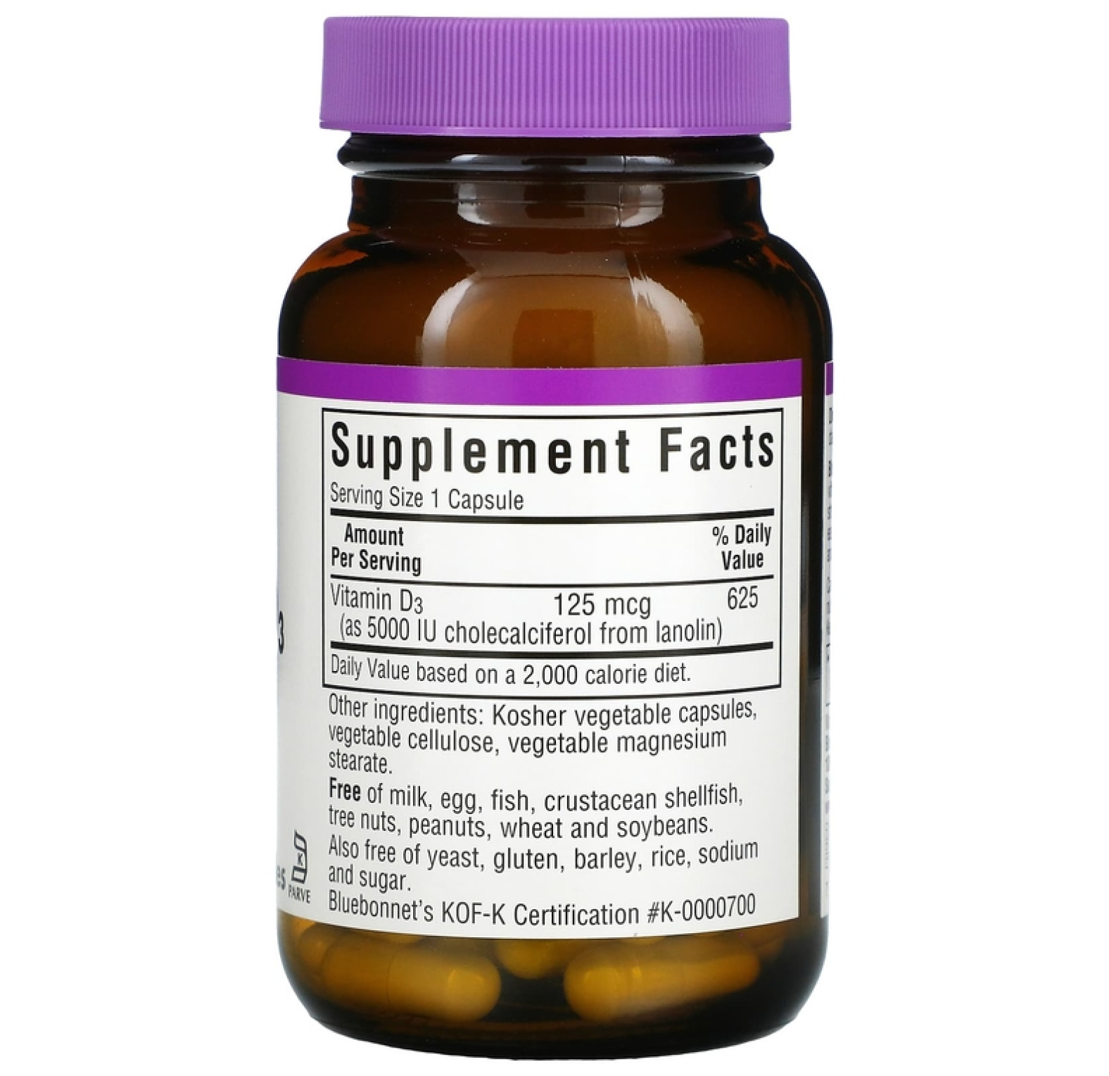Bluebonnet Nutrition, Витамин D3, 125 мкг (5000 МЕ), 60 растительных капсул