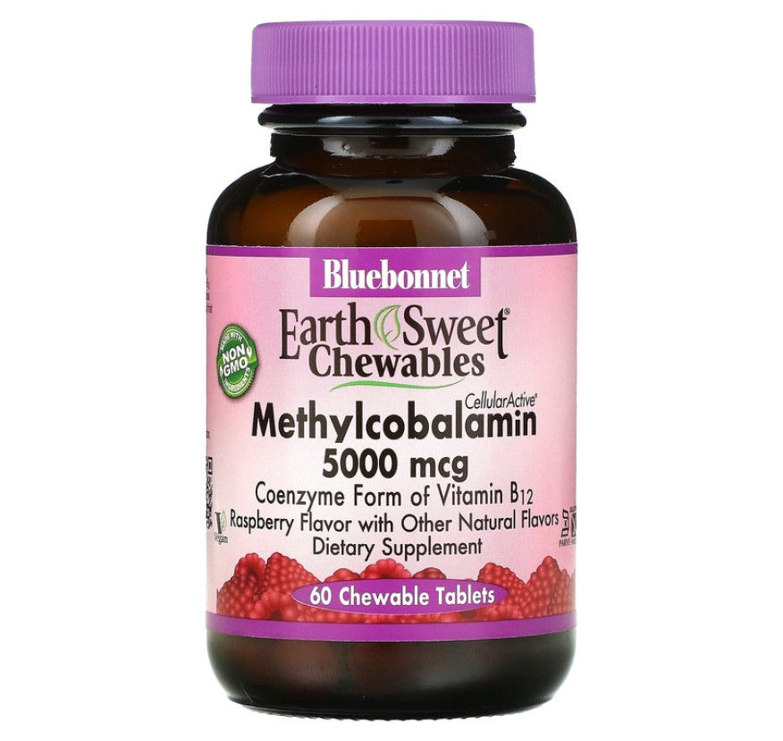 Bluebonnet Nutrition, EarthSweet, В12 (метилкобаламин), вкус малины, 5000 мкг, 60 жевательных таблеток