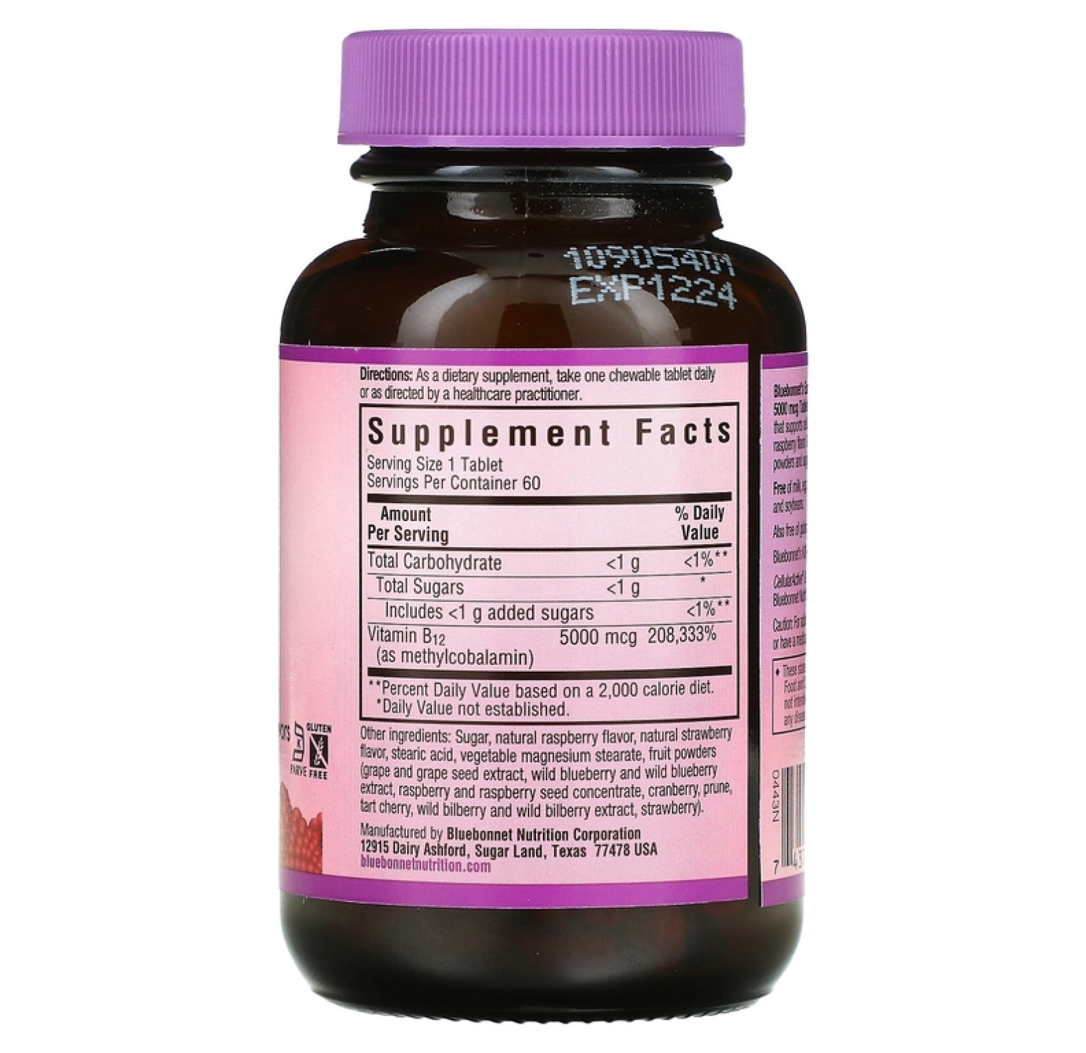 Bluebonnet Nutrition, EarthSweet, В12 (метилкобаламин), вкус малины, 5000 мкг, 60 жевательных таблеток