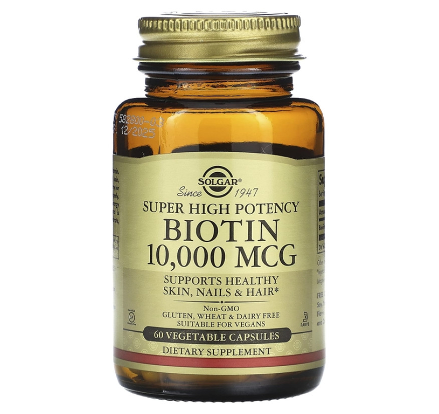 Solgar, Биотин сверхвысокой эффективности, 10 000 мкг, 60 растительных капсул
