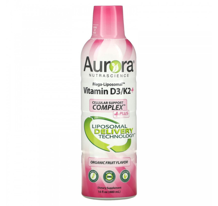 Aurora Nutrascience, Mega-Liposomal Vitamin D3+, витамин D3, фруктовый вкус, 9000 МЕ, 480 мл