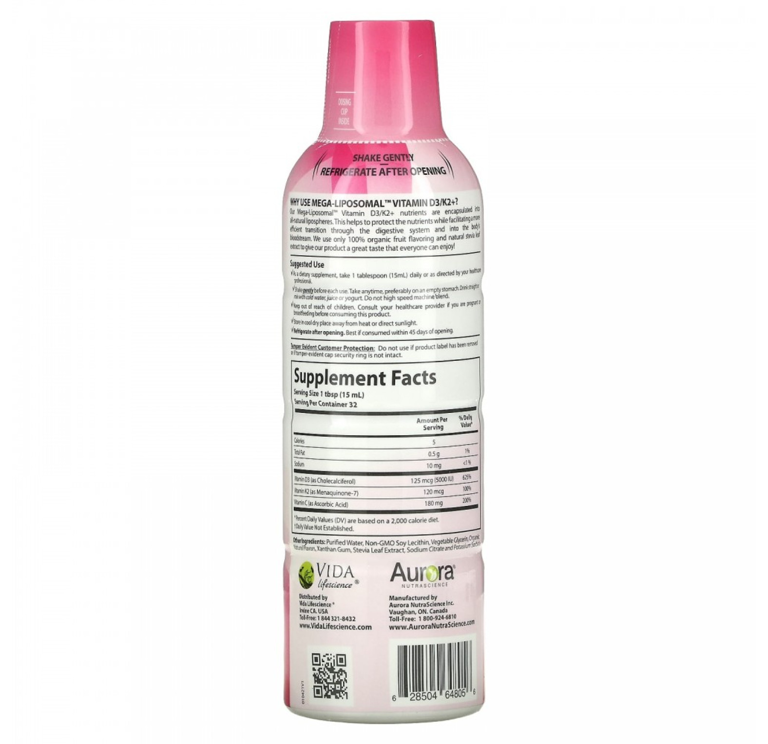 Aurora Nutrascience, Mega-Liposomal Vitamin D3+, витамин D3, фруктовый вкус, 9000 МЕ, 480 мл