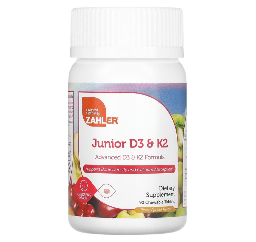 Zahler, Junior D3 & K2, персиково-абрикосовый вкус, 90 жевательных таблеток