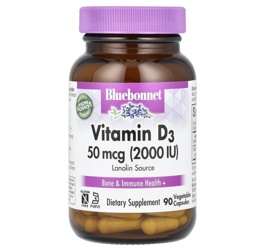 Bluebonnet Nutrition, Витамин D3, 50 мкг (2000 МЕ), 90 растительных капсул