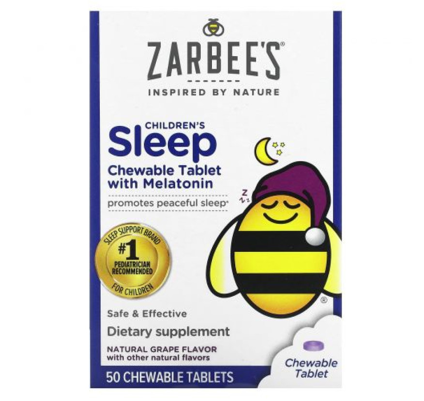 Zarbee's, добавка с мелатонином для спокойного сна детей, вкус натурального винограда, для детей от 3 лет, 50 жевательных таблеток