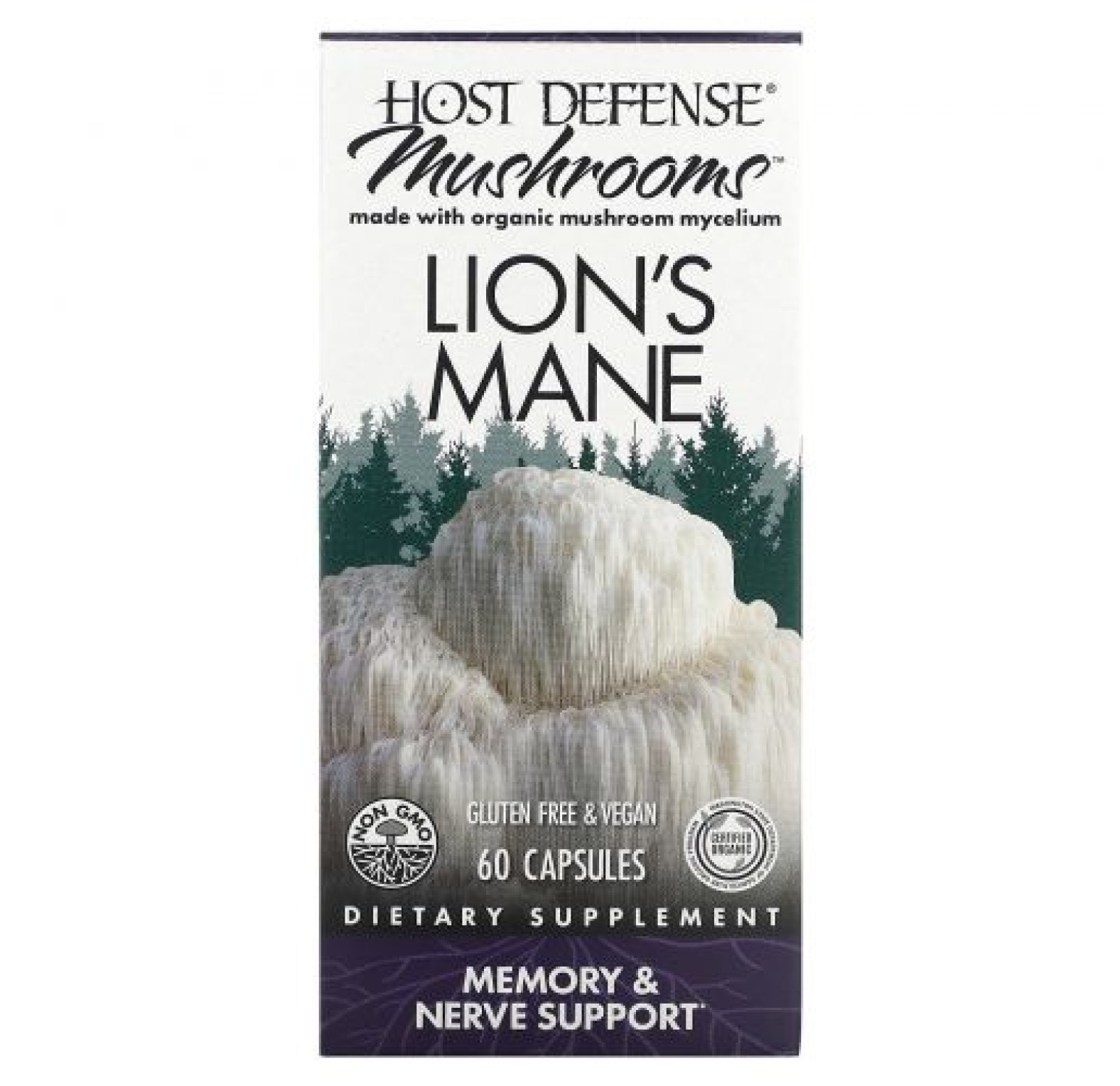 Fungi Perfecti, Host Defense, ежовик гребенчатый, поддержка памяти и нервной системы, 60 вегетарианских капсул