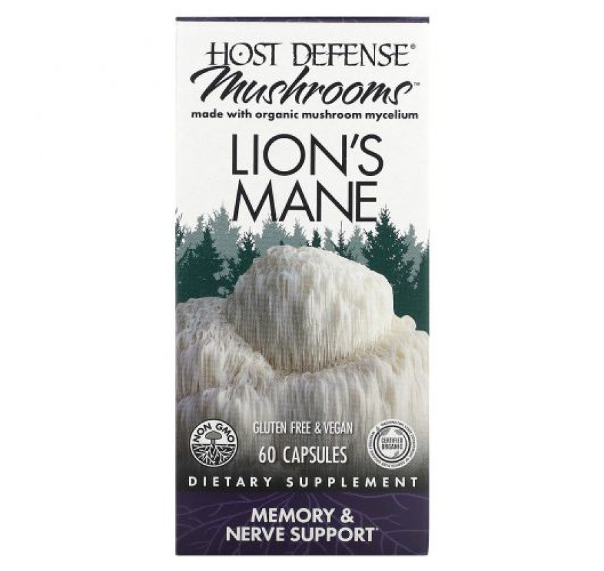 Fungi Perfecti, Host Defense, ежовик гребенчатый, поддержка памяти и нервной системы, 60 вегетарианских капсул