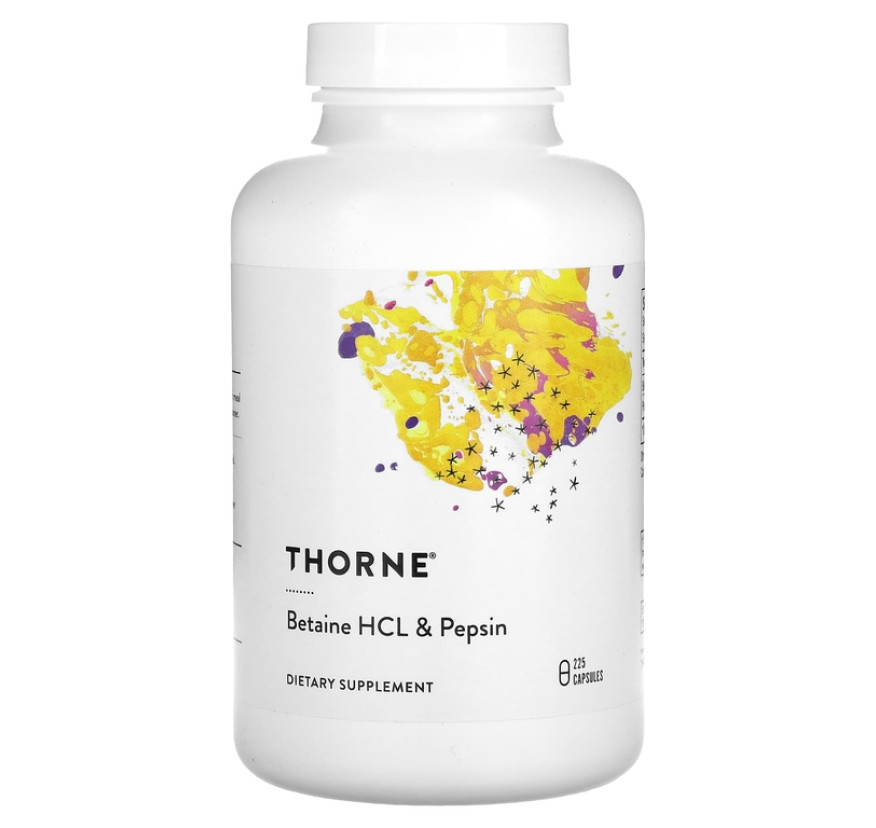 Thorne, Бетаингидрохлорид и пепсин, 225 капсул