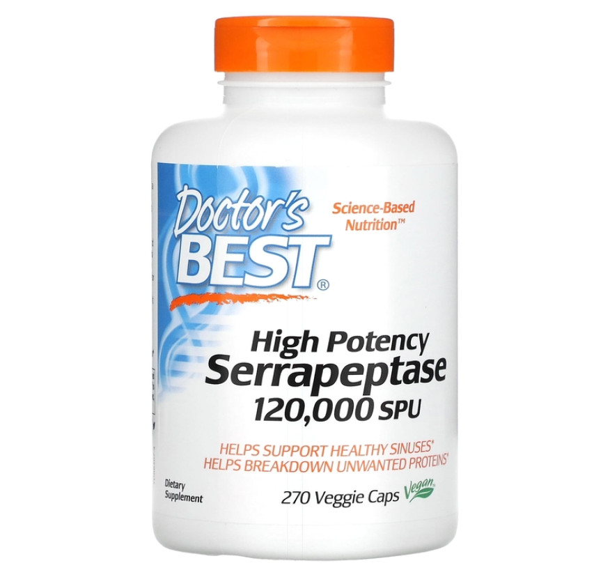 Doctor's Best, высокоэффективная серрапептаза, 120 000 SPU, 270 вегетарианских капсул