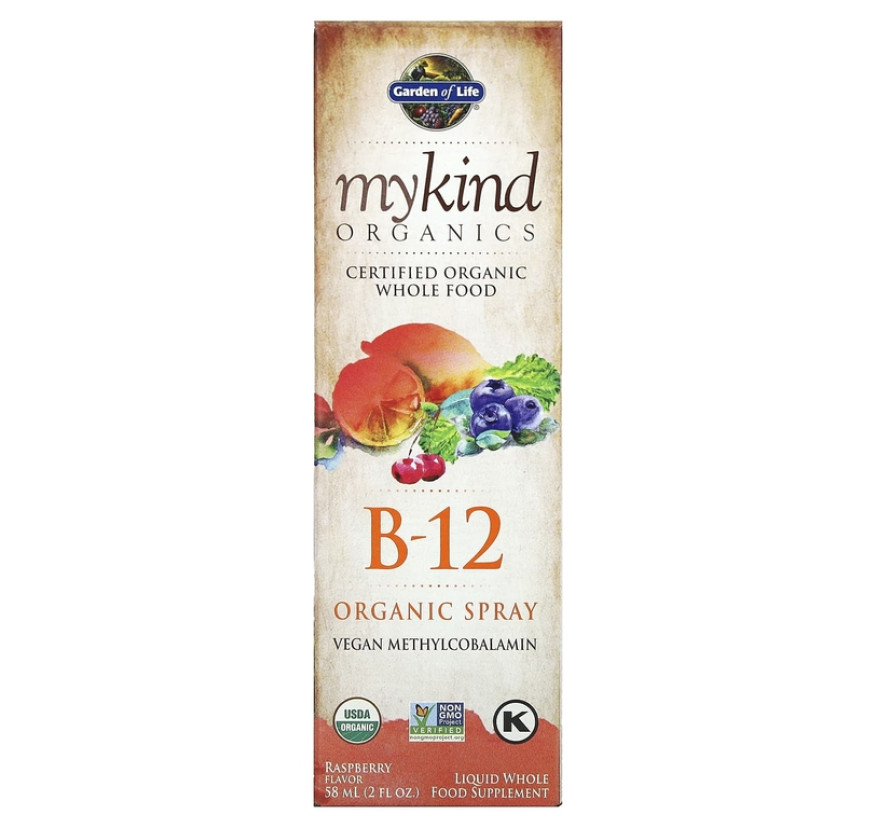 Garden of Life, MyKind Organics, органический спрей с витамином B12, со вкусом малины, 58 мл