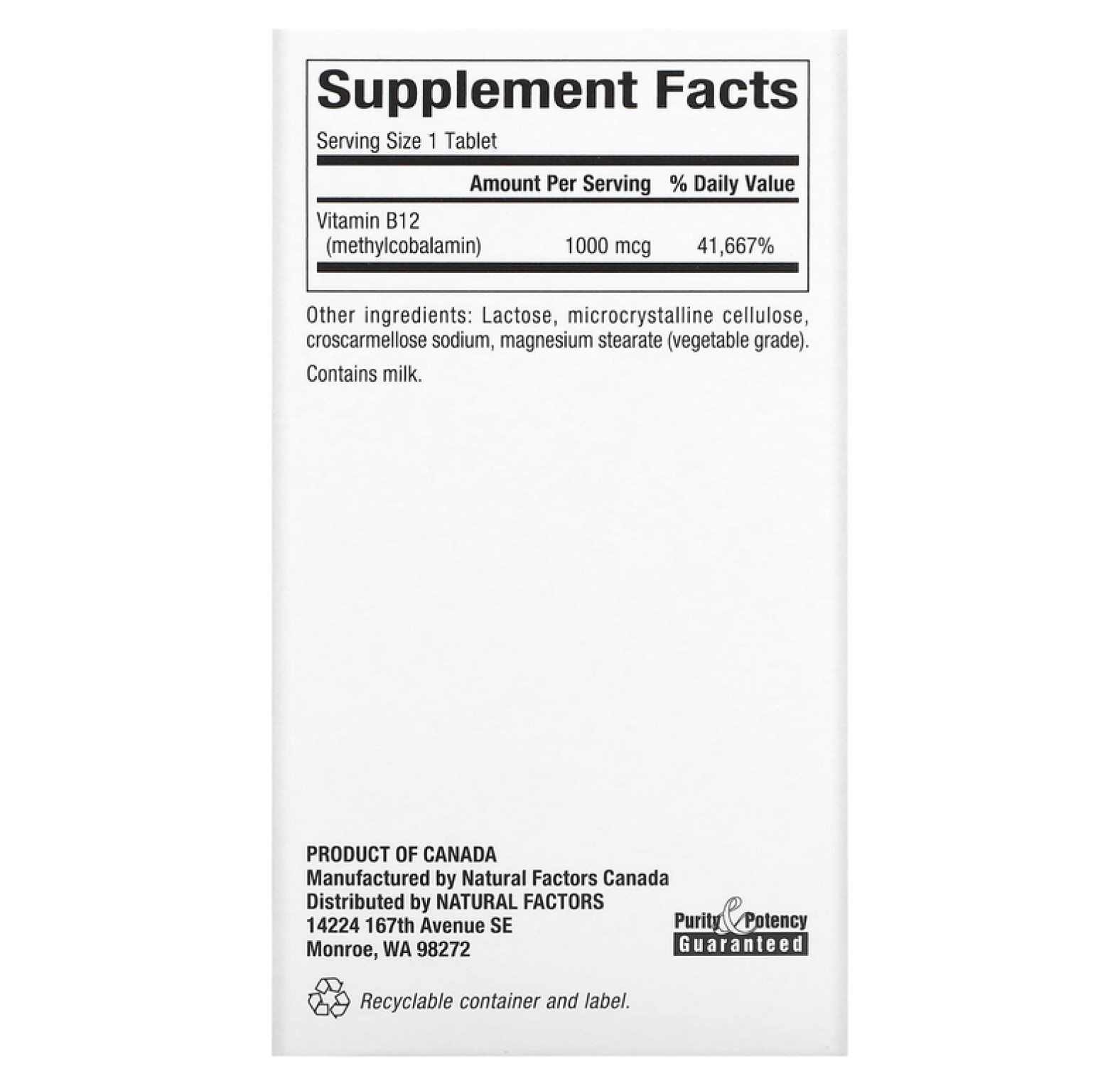 Natural Factors, B12, метилкобаламин, 1000 мкг, 180 жевательных таблеток