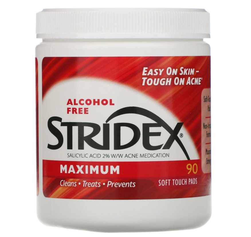 Stridex, Одношаговое средство от угрей, максимальная сила, без спирта, 90 мягких салфеток