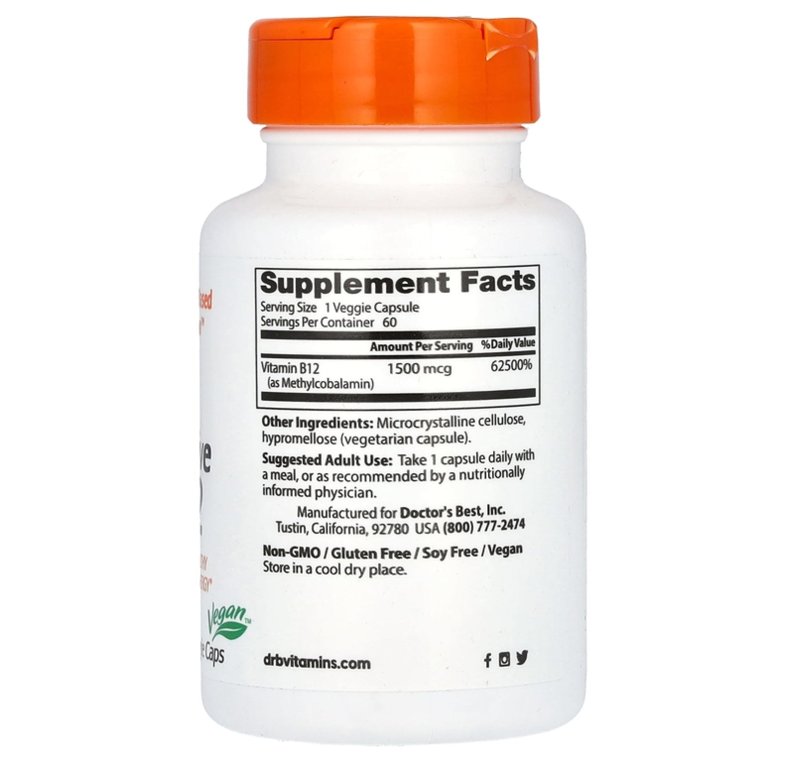 Doctor's Best, активный витамин B12, 1500 мкг, 60 вегетарианских капсул