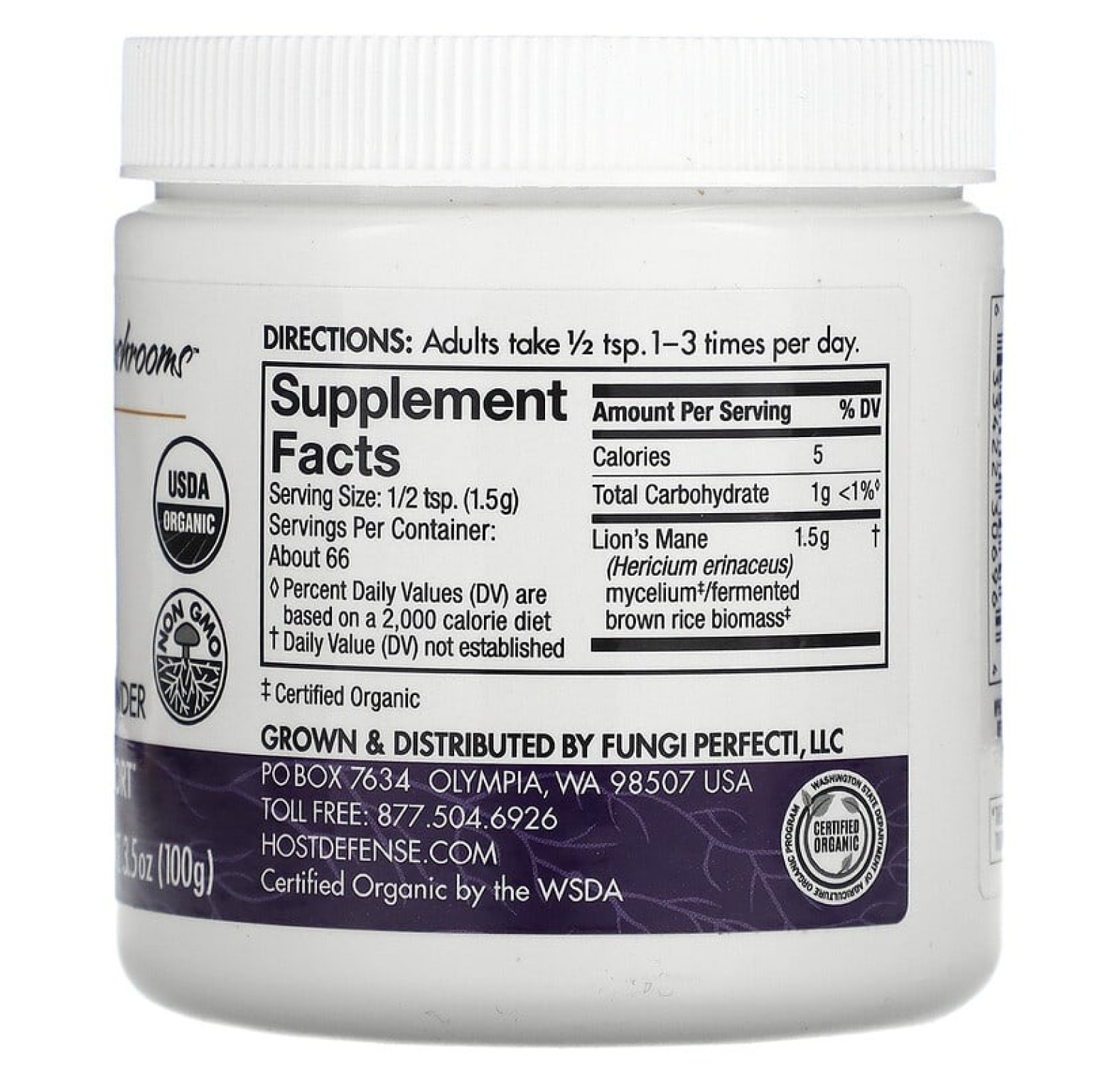 Fungi Perfecti Host Defense, ежовик гребенчатый, грибной мицелий в порошке, для поддержки памяти и нервной системы, 100 г