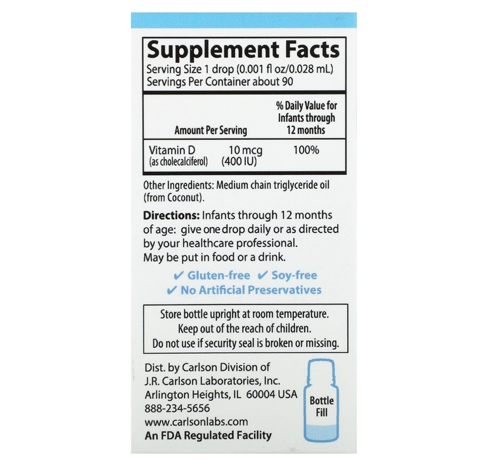 Carlson, Super Daily, витамин D3 для детей, 10 мкг (400 МЕ), 2,54 мл