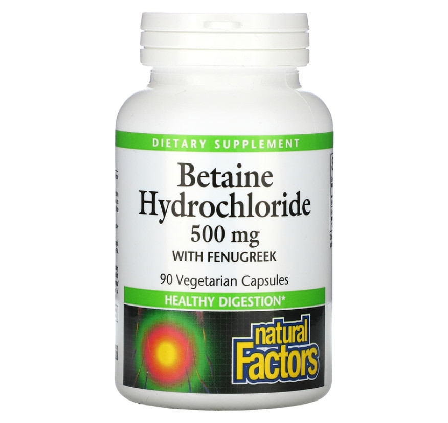 Natural Factors, бетаина гидрохлорид с пажитником, 500 мг, 90 вегетарианских капсул