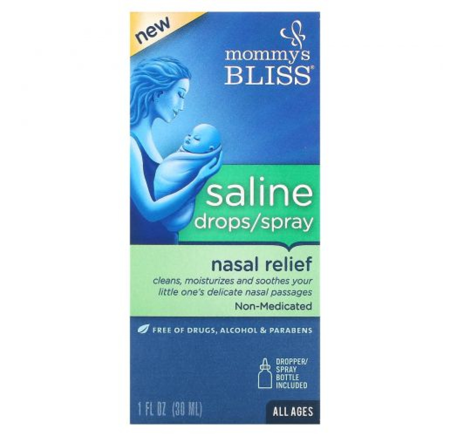 Mommy's Bliss, Солевые капли / спрей для облегчения носа, для всех возрастов, 30 мл (1 жидк. Унция)