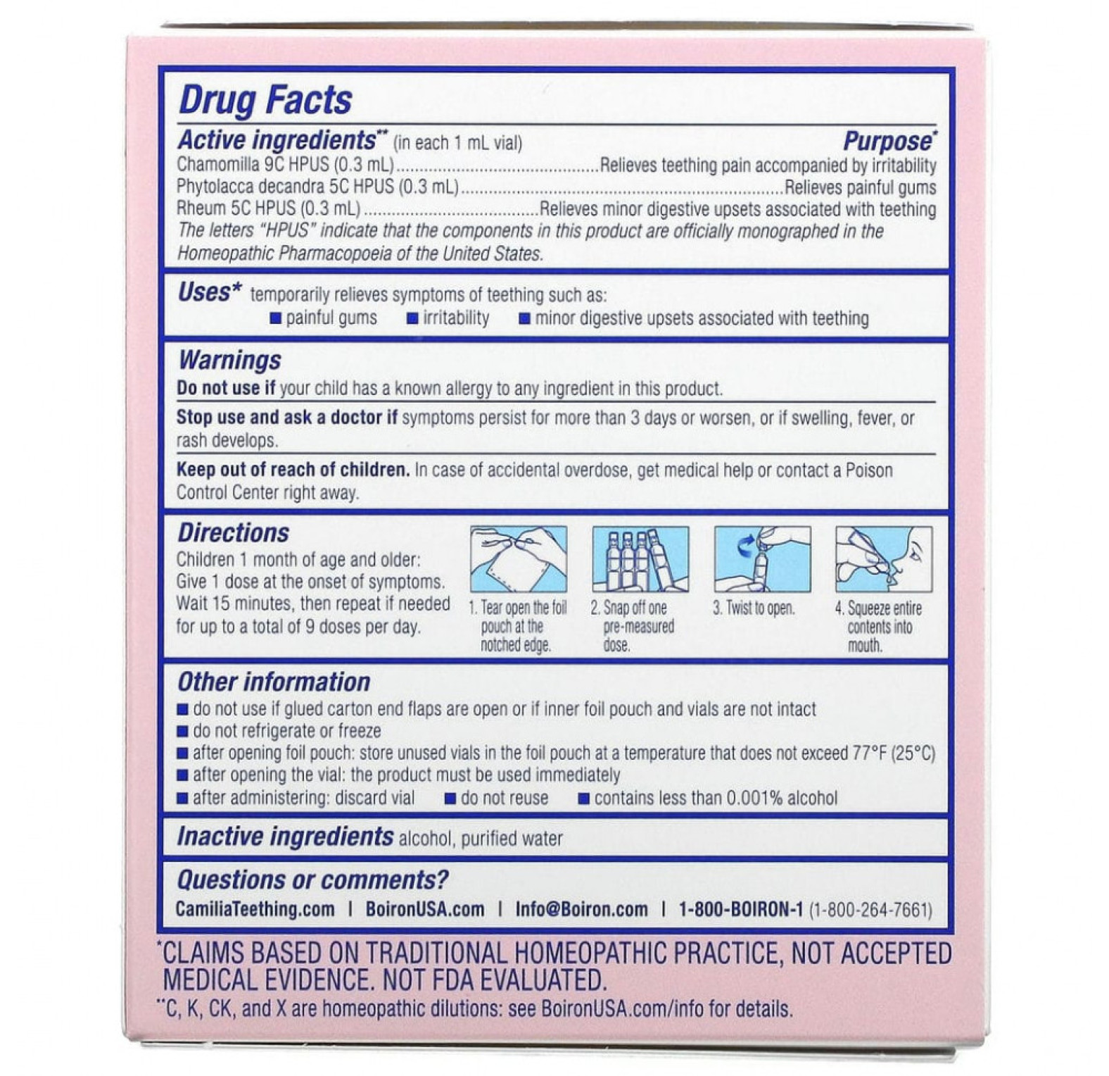 Boiron, Camilia, успокаивающее средство при прорезывании зубов, для младенцев от 1 месяца и старше, 15 жидких доз