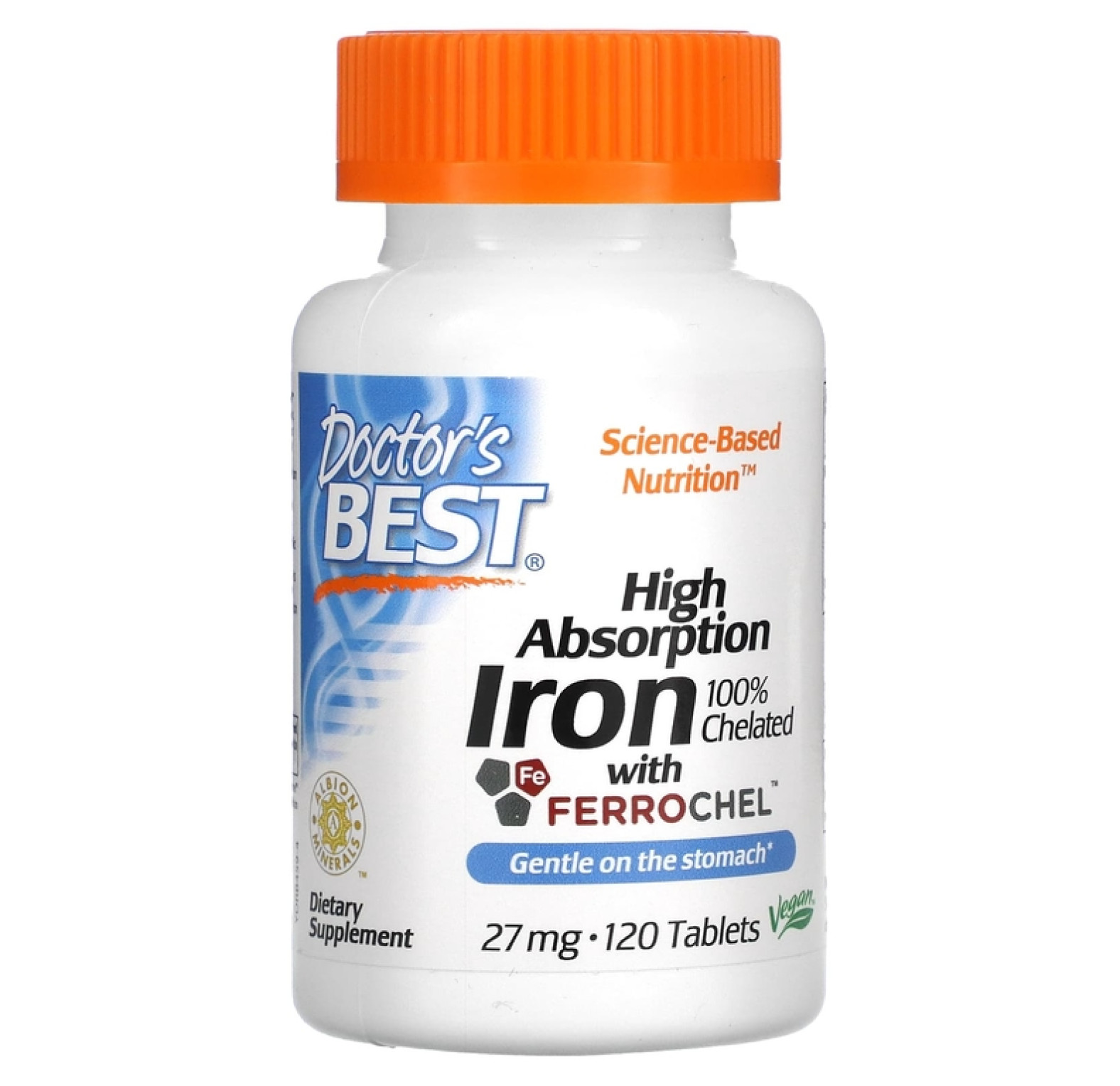 Doctor's Best, легкоусвояемое железо с Ferrochel, 27 мг, 120 таблеток