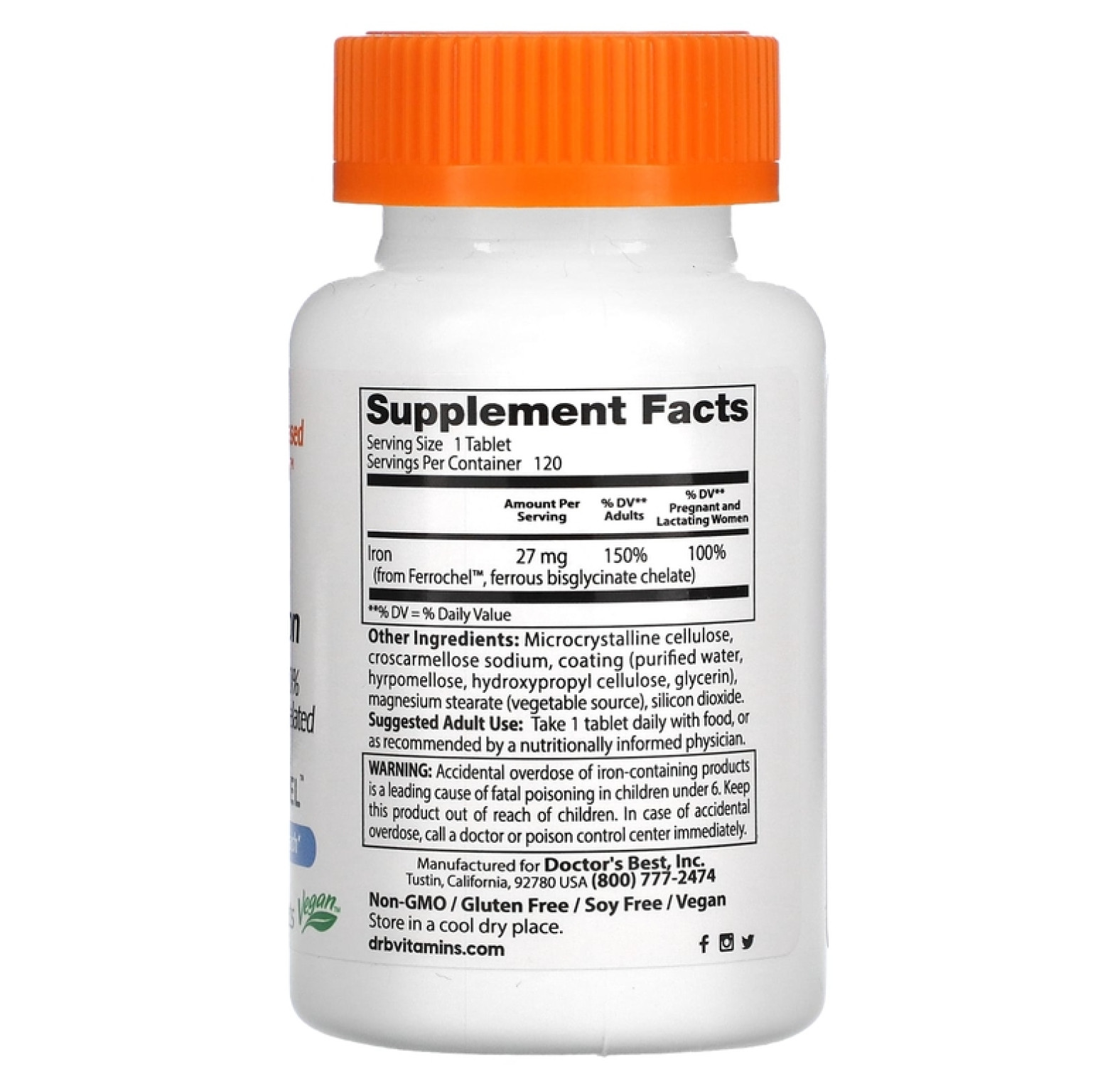 Doctor's Best, легкоусвояемое железо с Ferrochel, 27 мг, 120 таблеток