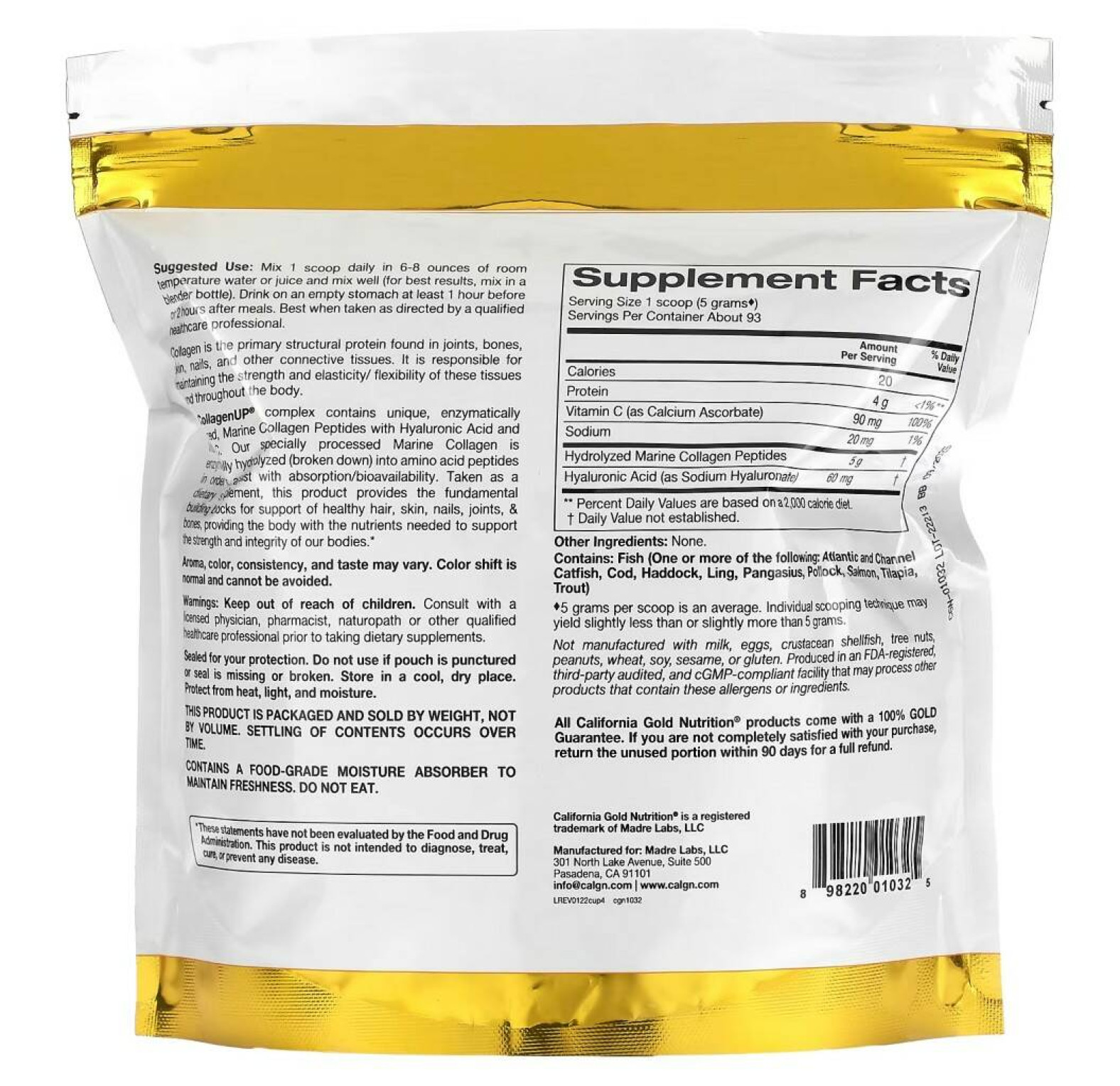 California Gold Nutrition, CollagenUP, гидролизованные пептиды морского коллагена с гиалуроновой кислотой и витамином C, с нейтральным вкусом, 464 г