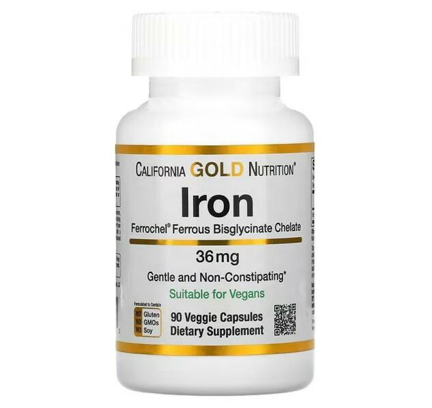 California Gold Nutrition, Ferrochel, железо (бисглицинат), 36 мг, 90 растительных капсул