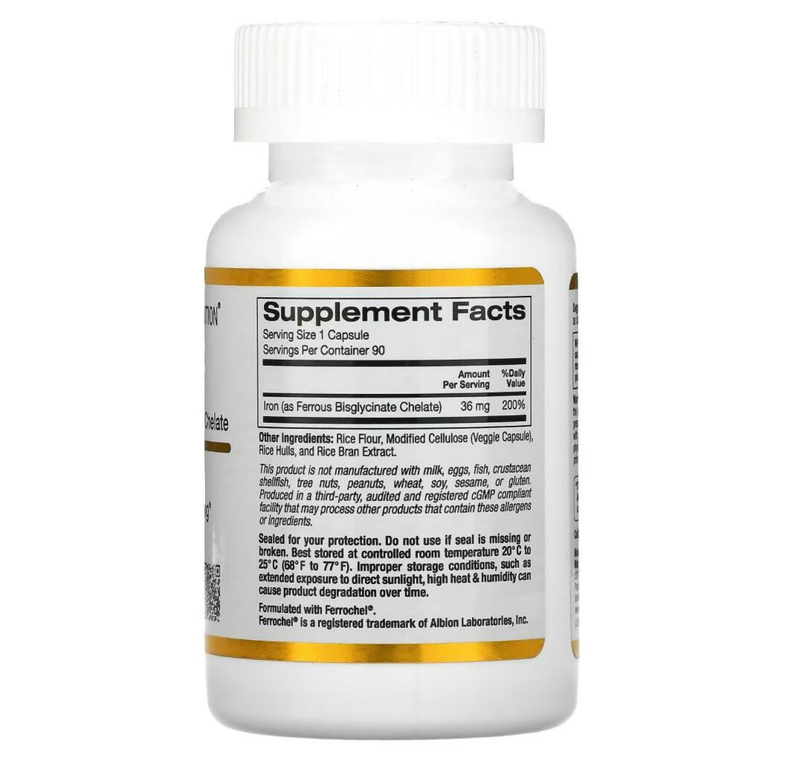 California Gold Nutrition, Ferrochel, железо (бисглицинат), 36 мг, 90 растительных капсул