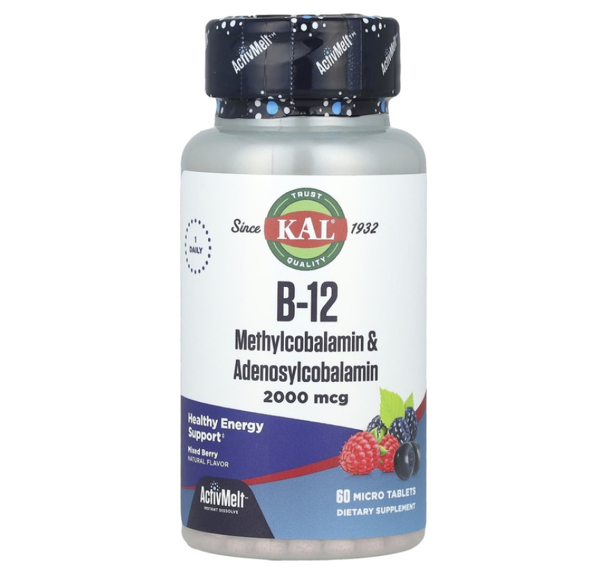 KAL, витамин B-12 (в виде метилкобаламина и аденосилкобаламина), с ягодным вкусом, 2000 мкг, 60 мини-таблеток