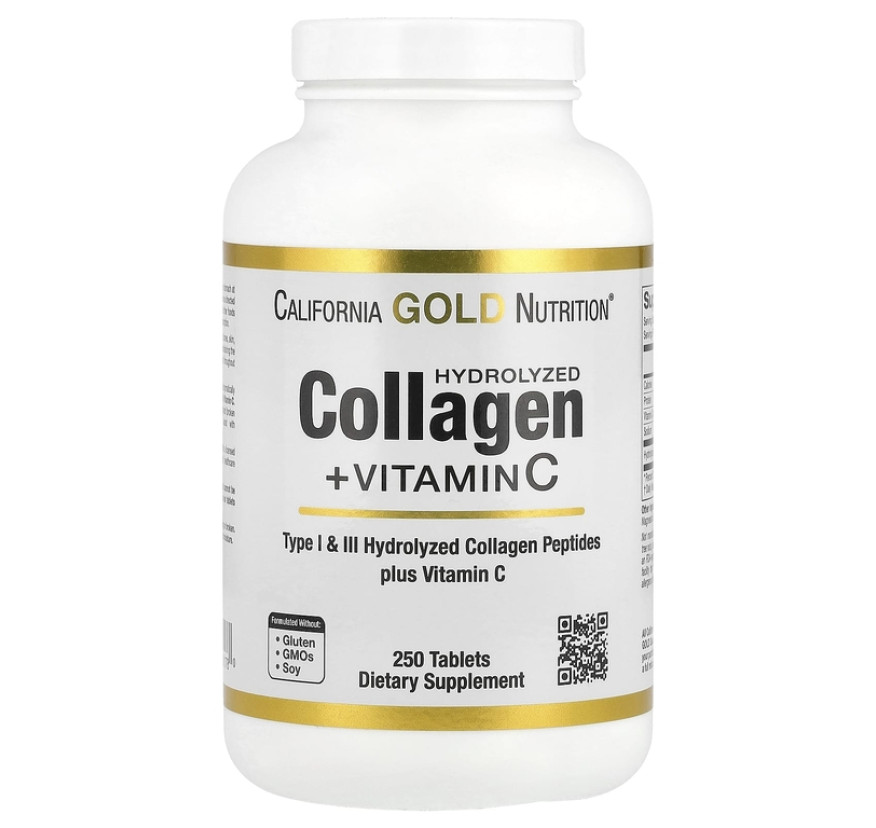 California Gold Nutrition, Пептиды гидролизованного коллагена с витамином C, тип 1 и 3, 250 таблеток