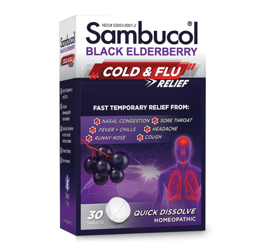 Sambucol, черная бузина, средство от гриппа и простуды, 30 быстрорастворимых таблеток