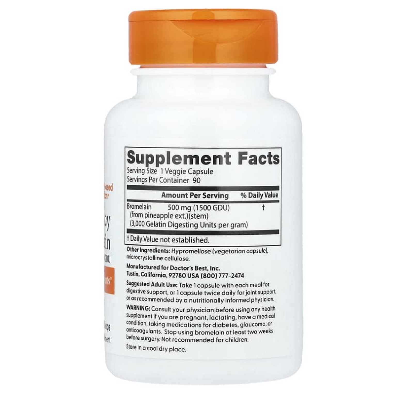 Doctor's Best, высокоэффективный бромелаин, 3000 GDU, 500 мг, 90 растительных капсул