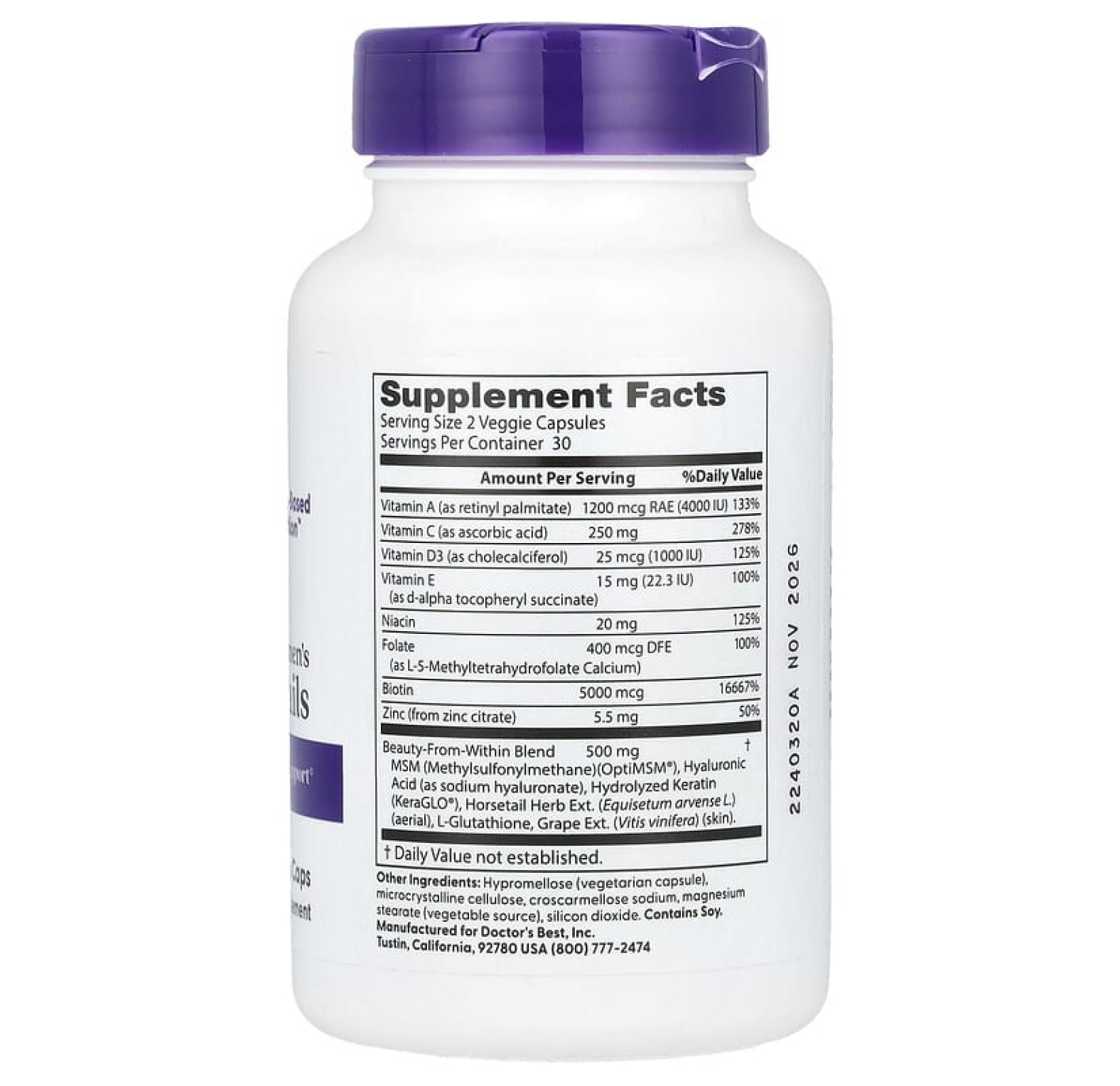 Doctor's Best, Для волос, кожи и ногтей, 60 вегетарианских капсул