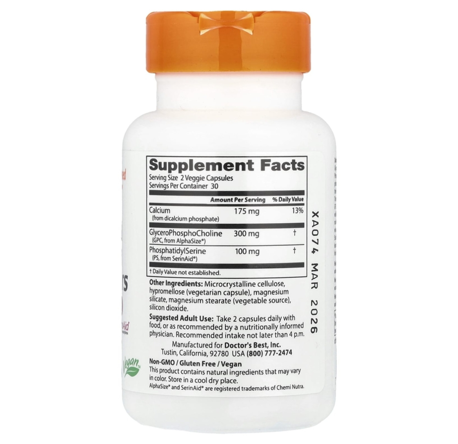 Doctor's Best, натуральные добавки для поддержки работы мозга с AlphaSize и SerinAid, 60 вегетарианских капсул