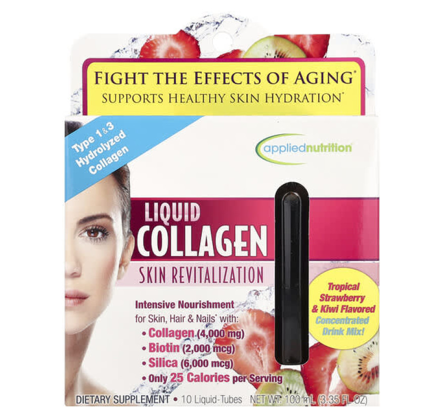 Applied Nutrition, жидкий коллаген, восстановление кожи, со вкусом тропической клубники и киви, 10 пробирок с жидкостью