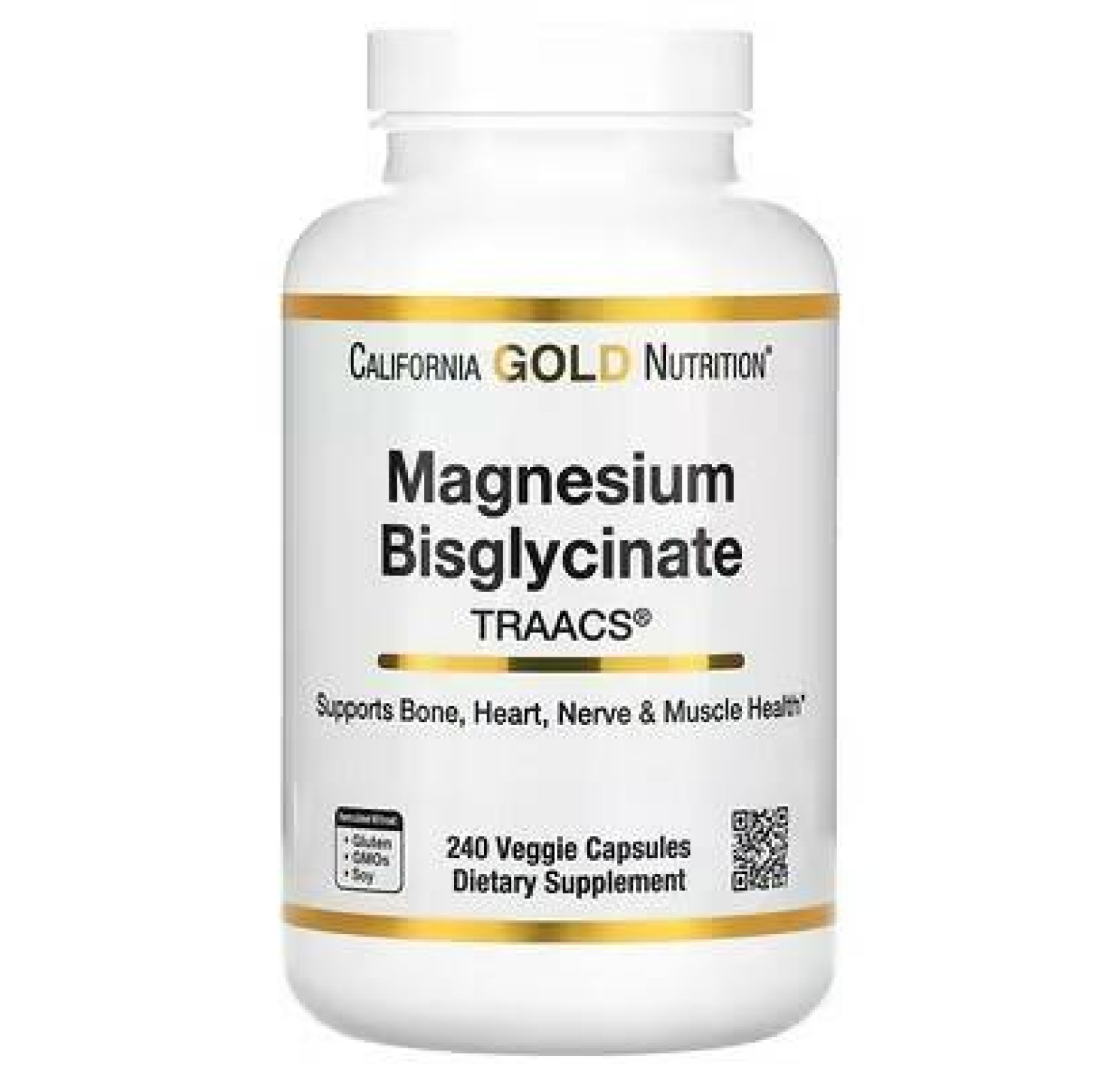 California Gold Nutrition, бисглицинат магния, с TRAACS®, 200 мг, 240 растительных капсул