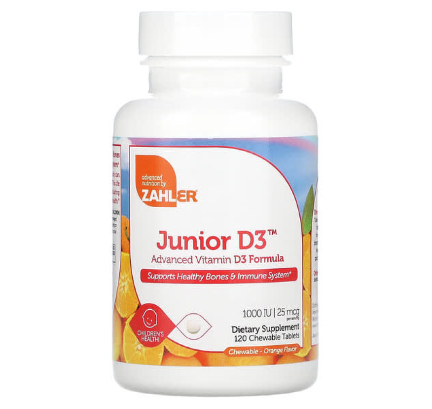Zahler, Junior D3, улучшенная формула витамина D3, апельсин, 25 мкг (1000 МЕ), 120 жевательных таблеток
