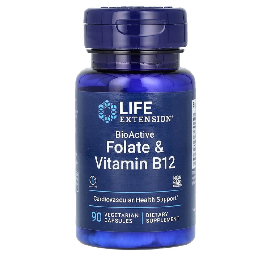 Life Extension, биоактивные фолат и витамин B12, 90 вегетарианских капсул