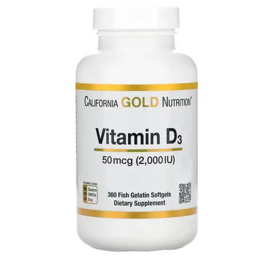 California Gold Nutrition, витамин D3, 50 мкг (2000 МЕ), 360 рыбно-желатиновых капсул