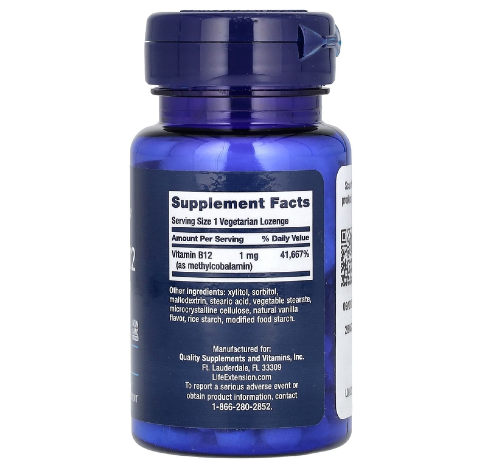 Life Extension, витамин B12, метилкобаламин, 1 мг, 60 вегетарианских пастилок