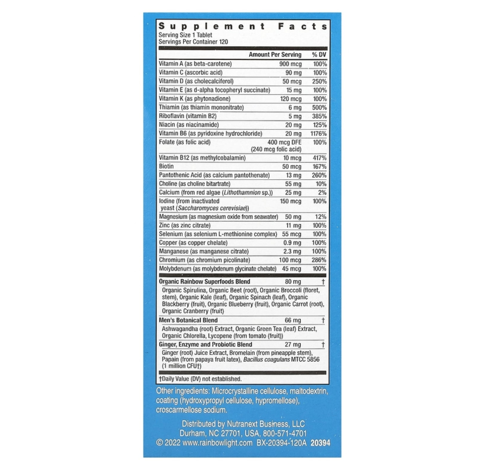 Rainbow Light, Men's One, ежедневная мультивитаминная добавка для мужчин, высокая эффективность, 120 вегетарианских таблеток